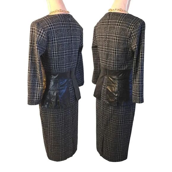 New York & Co Black Plaid Vegan Leather Bow Sheath Midi Dress Small - Picture 10 of 16